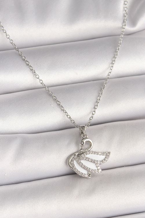 316L Çelik Gümüş Renk Zincir Zirkon Taşlı Kuğu Model Kadın Kolye