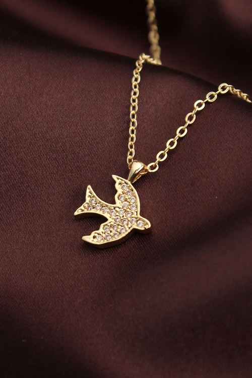 Altın Renk Zirkon Taşlı Kuş Kolye