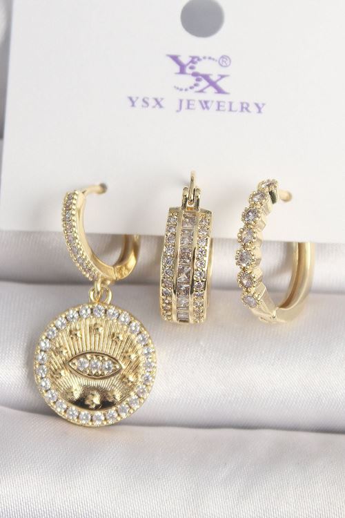 Pirinç Gold Renk Zirkon Taşlı Göz İşlemeli Model  3'Lü Kadın Kombin Küpe