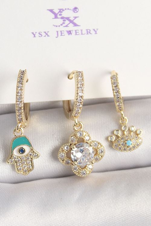 Pirinç Gold Renk Zirkon Taşlı Fatma Ana El Yonca Figür Göz Detay 3'Lü Kadın Kombin Küpe