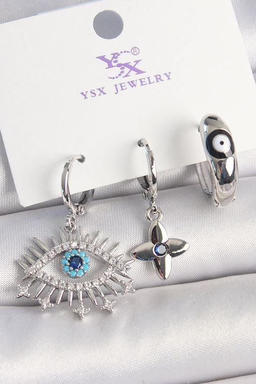 Pirinç Gümüş Renk Zirkon Taşlı Göz Model Nazar Boncuk Detay 3'Lü Kadın Kombin Küpe