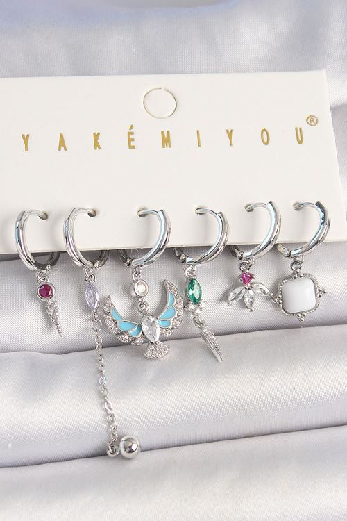 Pirinç Gümüş Renk Zirkon Taşlı Kuş Figür Çiçek Detay 6'Lı Kadın Kombin Küpe