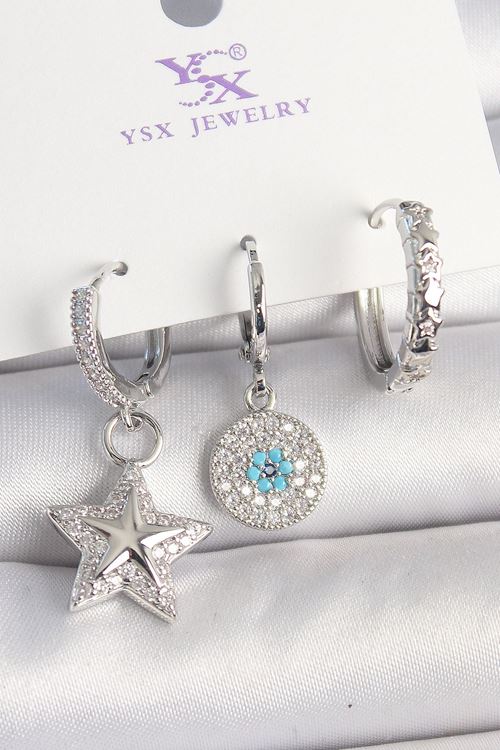 Pirinç Gold Renk Zirkon Taşlı Yıldız Model Nazar Boncuk Detay 3'Lü Kadın Kombin Küpe