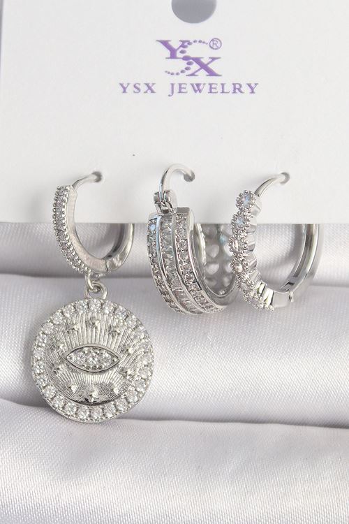 Pirinç Gümüş Renk Zirkon Taşlı Göz İşlemeli Halka Model 3'Lü Kadın Kombin Küpe