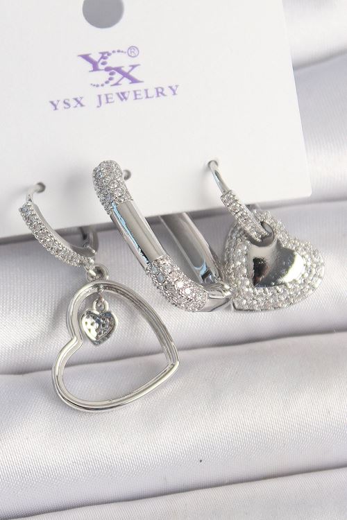 Pirinç Gümüş Renk Sallantı Zirkon Taşlı Kalp Model 3'Lü Kadın Kombin Küpe