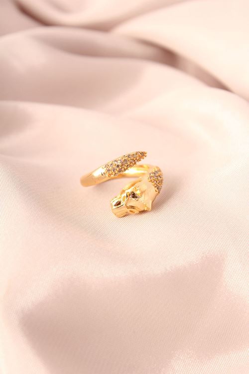 Gold Renk Metal Zirkon Taşlı Kaplan Model Ayarlanabilir Kadın Yüzük