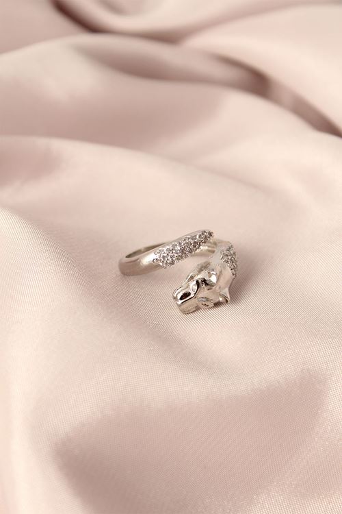 Gümüş Renk Metal Zirkon Taşlı Kaplan Model Ayarlanabilir Kadın Yüzük