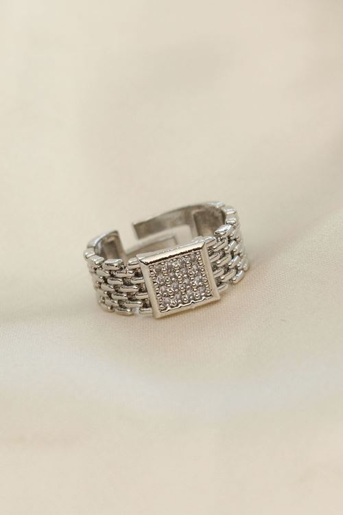 Ayarlamalı Gümüş Renk Kare Zirkon Taşlı Yüzük