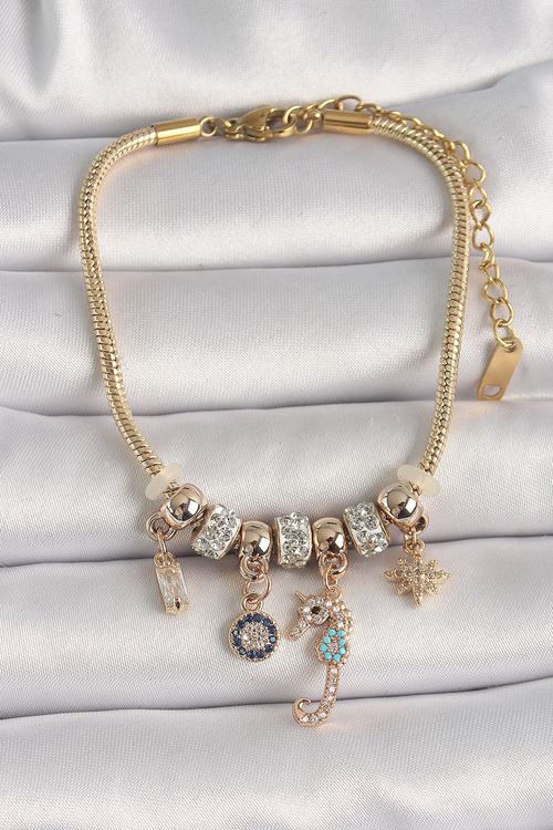 Pirinç Gold Renk Zincir Sallantı Zirkon Taşlı Deniz Atı Figür Nazar Boncuk Detay Kadın Bileklik