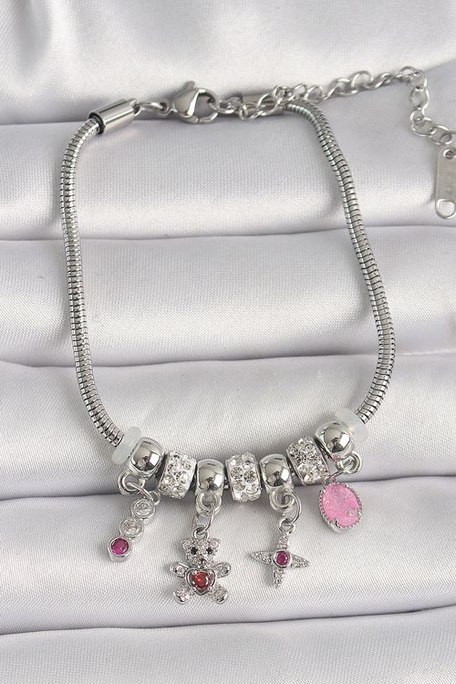 Pirinç Gümüş Renk Zincir Sallantı Zirkon Taşlı Ayıcık Figür Yıldız Detay Kadın Bileklik