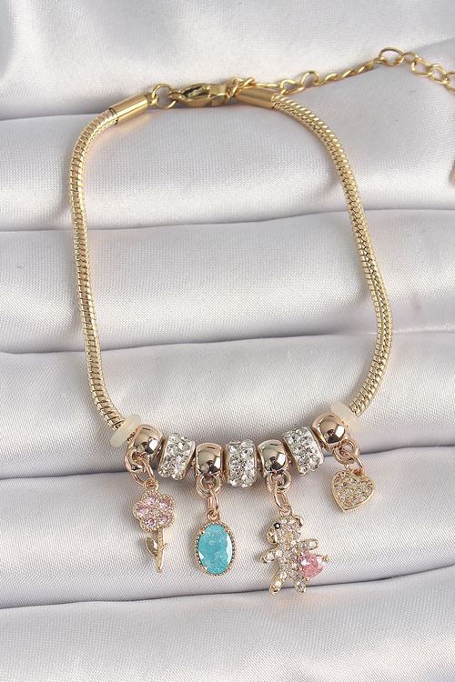 Pirinç Gold Renk Zincir Sallantı Zirkon Taşlı Ayıcık Figür Çiçek Detay Kadın Bileklik