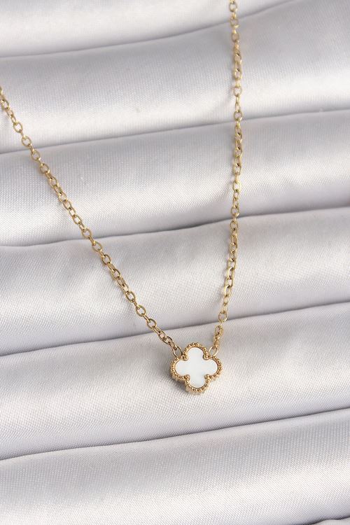 316L Çelik Gold Renk Beyaz Yonca Model Kadın Kolye