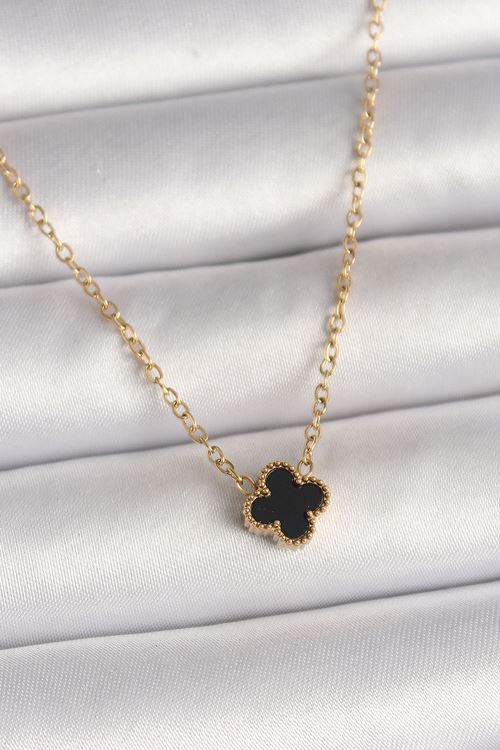 316L Çelik Gold Renk Siyah Yonca Model Kadın Kolye