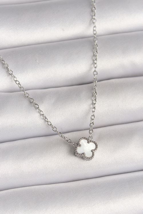 316L Çelik Gümüş Renk Beyaz Yonca Model Kadın Kolye