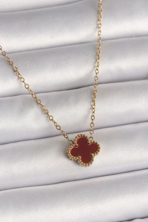 316L Çelik Gold Renk Bordo Yonca Model Kadın Kolye