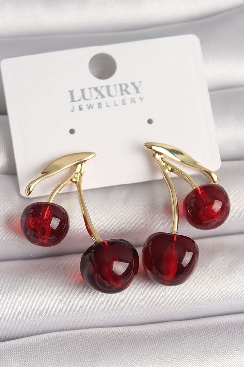 Pirinç Gold Renk Kırmızı Kiraz Model Kadın Küpe