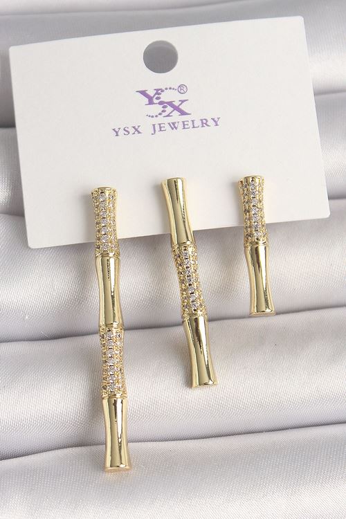 Pirinç Gold Renk Zirkon Taşlı Bambu Model 3'Lü Kadın Kombin Küpe