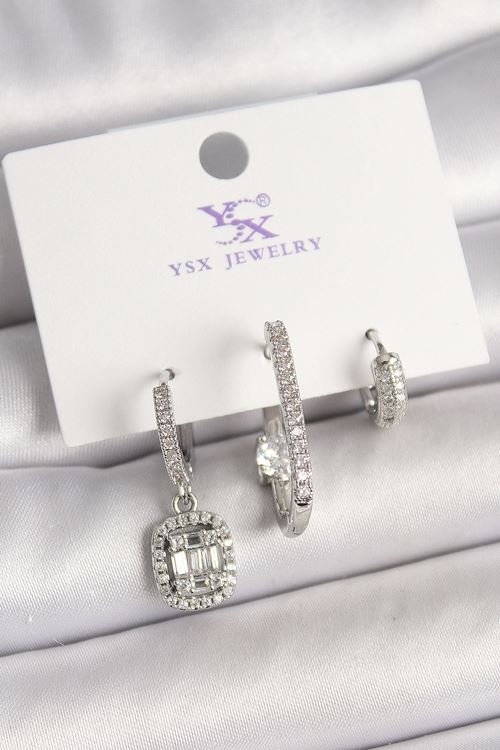 Pirinç Gümüş Renk Zirkon Taşlı Baget Halka Model 3'Lü Kadın Kombin Küpe