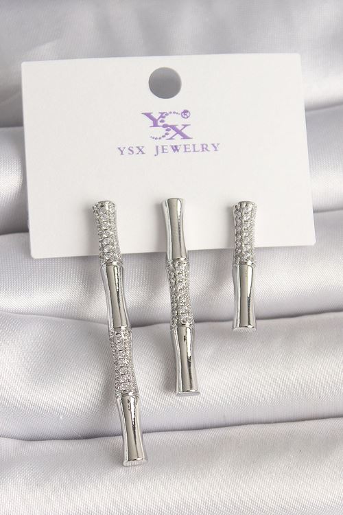 Pirinç Gümüş Renk Zirkon Taşlı Bambu Model 3'Lü Kadın Kombin Küpe