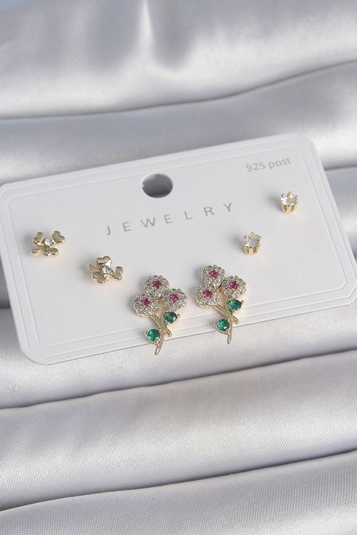 Pirinç Gold Renk Renkli Zirkon Taşlı Çiçek Model Yaprak Detay 925 Ayar Gümüş Çivi Kadın Küpe Seti