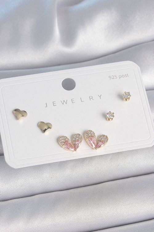 Pirinç Gold Renk Pembe Zirkon Taşlı Kalp Model 925 Ayar Gümüş Çivi Kadın Küpe Seti