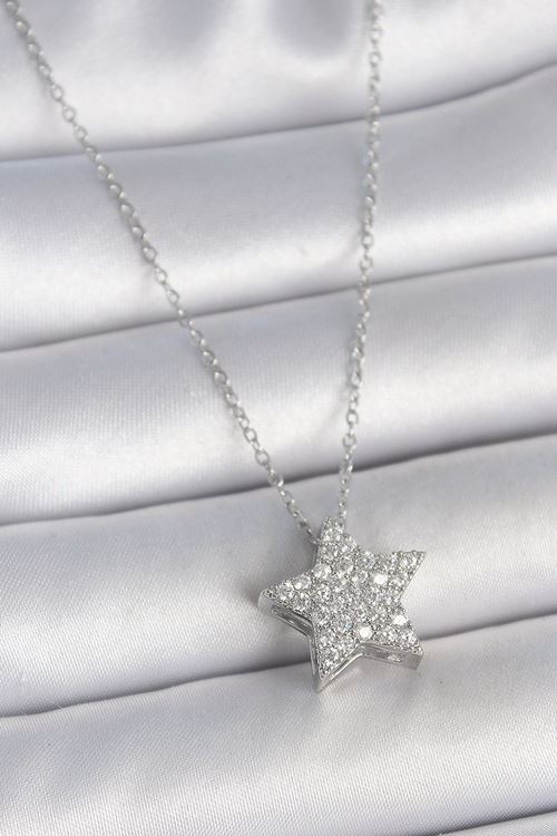 316L Çelik Gümüş Renk Zincir Zirkon Taşlı Yıldız Model Kadın Kolye