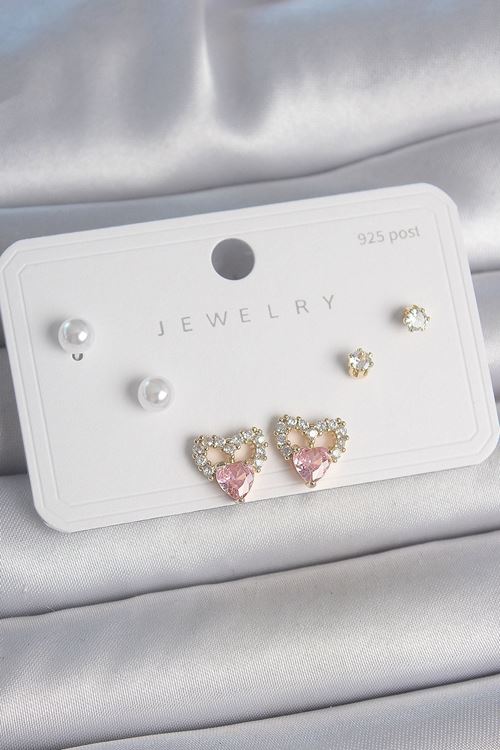 Pirinç Gold Renk Pembe Zirkon Taşlı Kalp Model İnci Detay 925 Ayar Kadın Küpe Seti