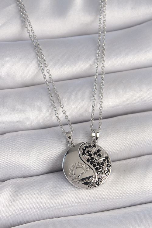 316L Çelik Gümüş Renk Zincir Zirkon Taşlı Ying Yang Model Gün Batımı İşlemeli Arakdaşlık Kadın Kolye