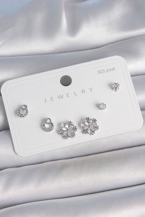 Pirinç Gümüş Renk Zirkon Taşlı Kar Tanesi Model 925 Ayar Gümüş Çivi Kadın Küpe Seti