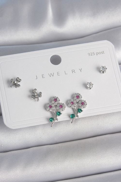 Pirinç Gümüş Renk Renkli Zirkon Taşlı Çiçek Model Yaprak Detay 925 Ayar Gümüş Çivi Kadın Küpe Seti