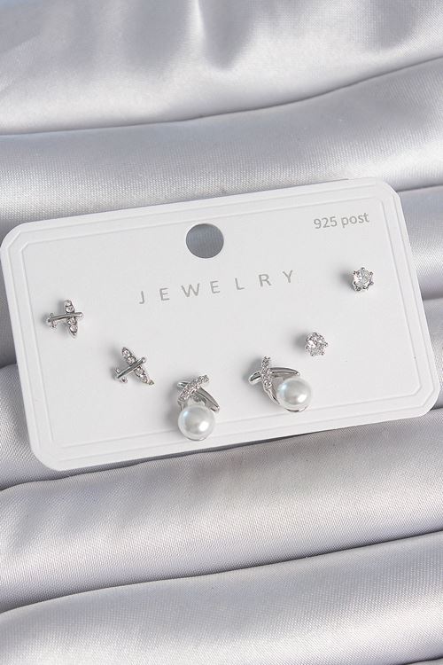 Pirinç Gümüş Renk Zirkon Taşlı Kelebek Model İnci Detay 925 Ayar Gümüş Çivi Kadın Küpe Seti