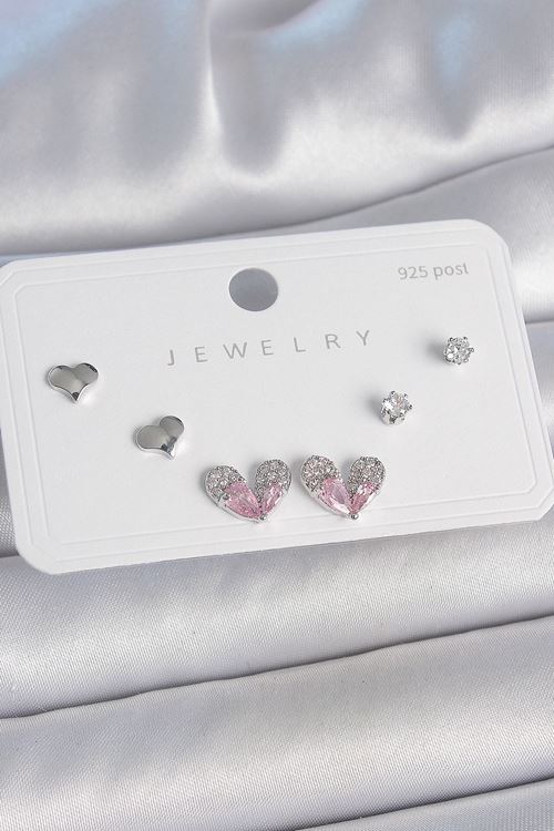 Pirinç Gümüş Renk Pembe Zirkon Taşlı Kalp Model 925 Ayar Gümüş Çivi Kadın Küpe Seti