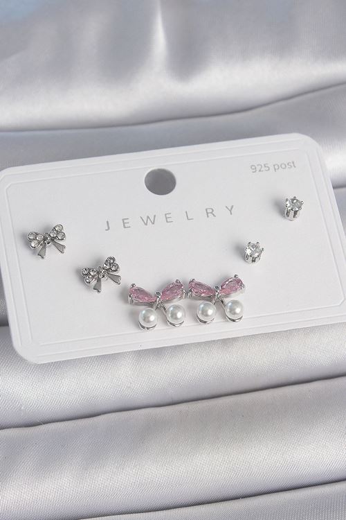 Pirinç Gümüş Renk Pembe Zirkon Taşlı Kurdele Model İnci Detay 925 Ayar Gümüş Çivi Kadın Küpe Seti