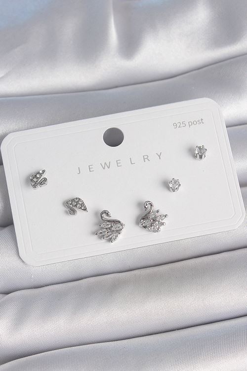 Pirinç Gümüş Renk Zirkon Taşlı Kuğu Model 925 Ayar Gümüş Çivi Kadın Küpe Seti