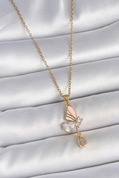 316L Çelik Gold Renk Zincir Damla Zirkon Taşlı Kelebek Model Sallantı Detay Kadın Kolye