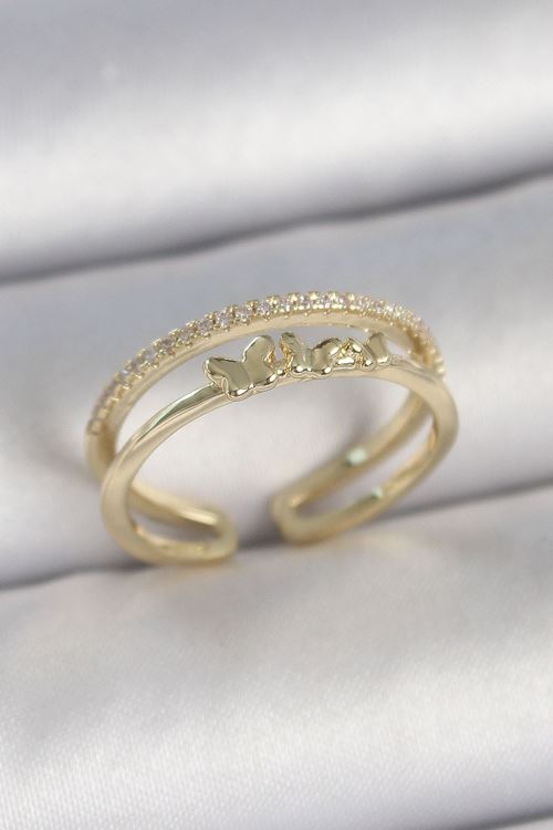 Pirinç Gold Renk 2'Li Sıra Zirkon Taş Detaylı Kelebek Figürlü Ayarlanabilir Model Kadın Yüzük