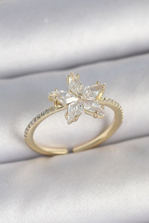 Pirinç Gold Renk Zirkon Taşlı Yıldız Model Ayarlanabilir Kadın Yüzük