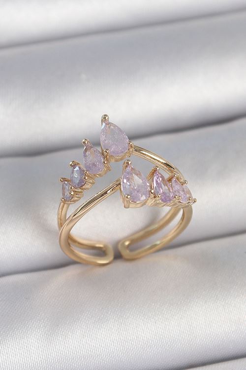 Pirinç Gold Renk Mor Damla Zirkon Taşlı Taç Model Kadın Yüzük