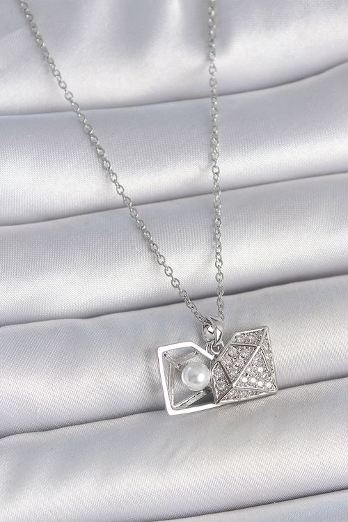 316L Çelik Gümüş Renk Zincir Zirkon Taşlı İncili Açılır Elmas Model Kadın Kolye