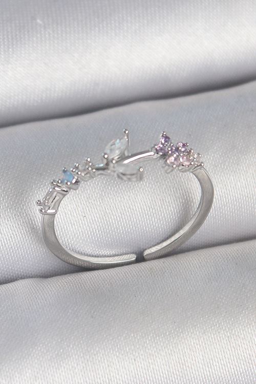 Pirinç Gümüş Renk Zirkon Taşlı Çiçek Model Ayarlanabilir Kadın Yüzük