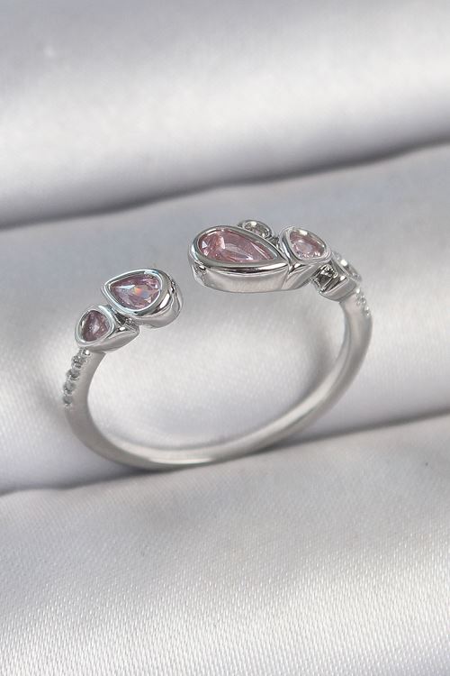 Pirinç Gümüş Renk Pembe Damla Zirkon Taşlı Ayarlanabilir Model Kadın Yüzük