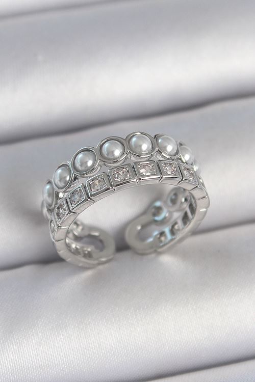 Pirinç Gümüş Renk 2'Li Sıra Zirkon Taşlı Ve İncili Ayarlanabilir Kadın Yüzük