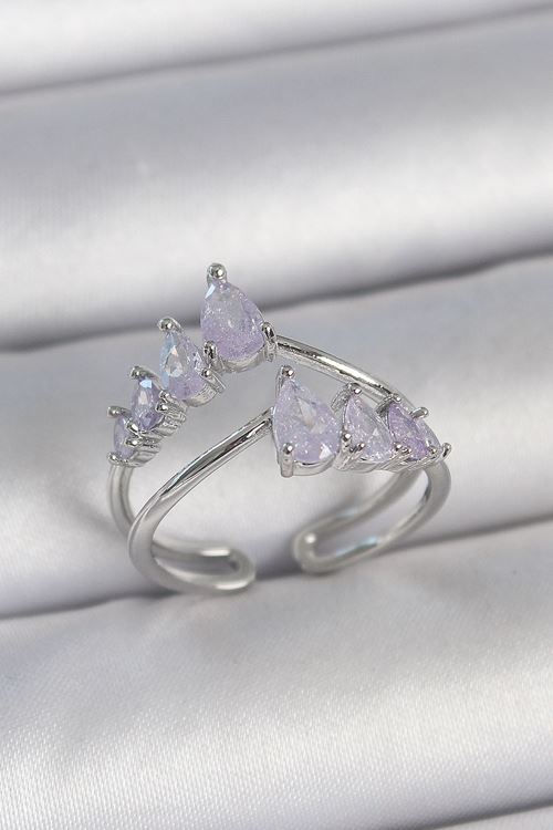 Pirinç Gümüş Renk Mor Damla Zirkon Taşlı Taç Model Kadın Yüzük