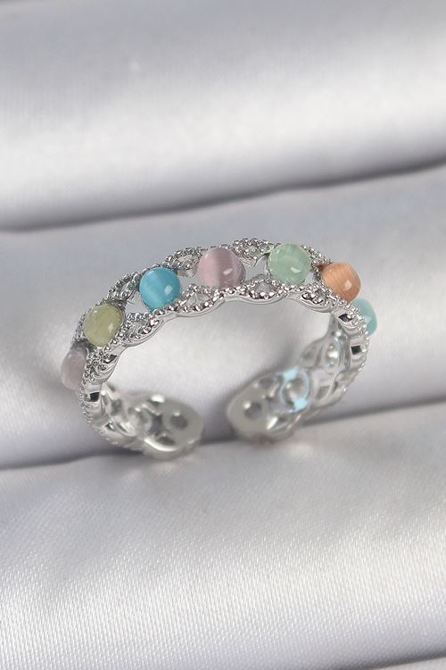 Pirinç Gümüş Renk Renkli Mineli Ayarlanabilir Kadın Yüzük