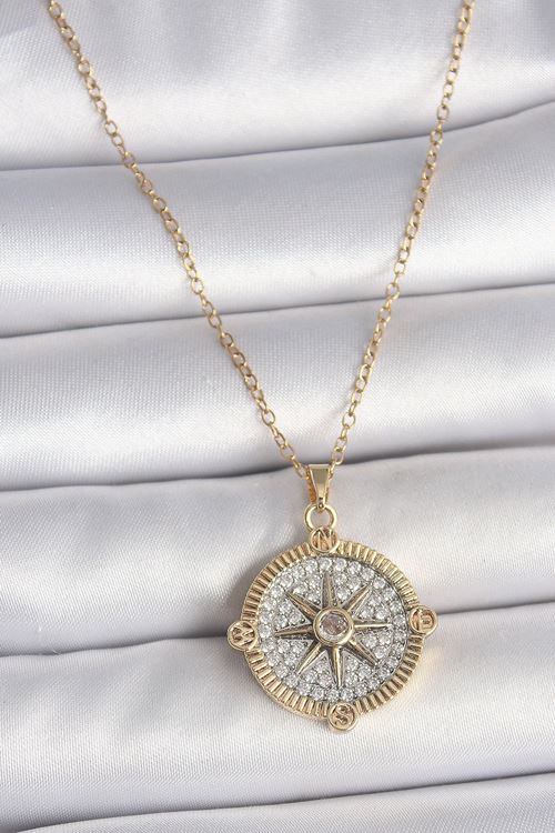 316L Çelik Gold Renk Zirkon Taşlı Pusula Model Kadın Kolye