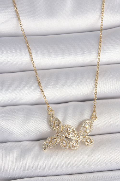 316L Çelik Gold Renk Zincir Zirkon Taşlı Kelebek Model Kadın Kolye