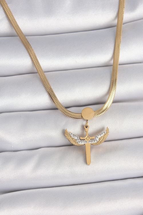 316L Çelik Gold Renk İtalyan Zincir Zirkon Taş Detaylı Mikail Model Kadın Kolye