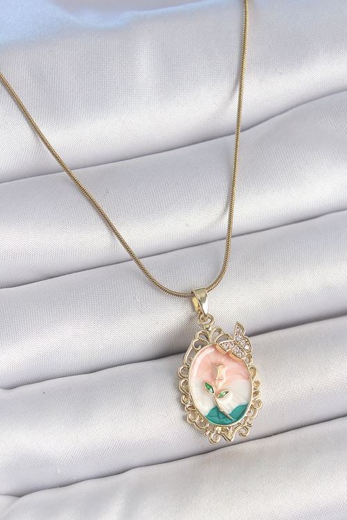 316L Çelik Gold Renk Zincir Mix Renk Çiçek İşlemeli Zirkon Taş Detaylı Portre Model Kadın Kolye