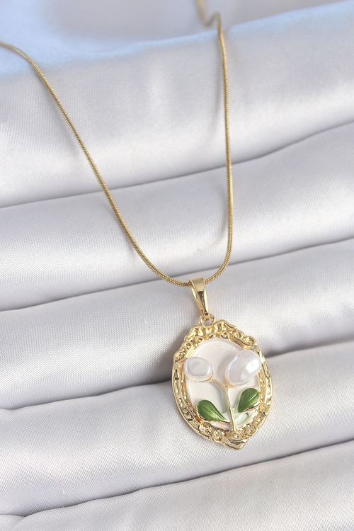 316L Çelik Gold Renk Zincir Beyaz Mineli İncili Çiçek İşlemeli Portre Model Kadın Kolye