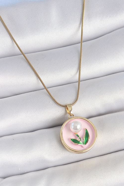 316L Çelik Gold Renk Zincir Pembe Mineli İncili Çiçek İşlemeli Portre Model Kadın Kolye